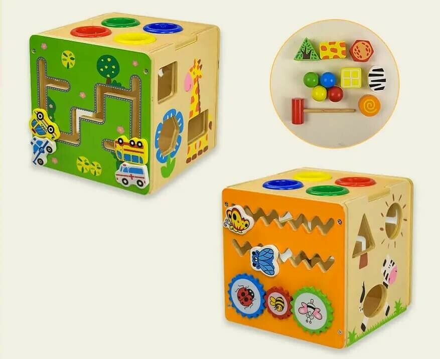 Куб-сортер со стучалкой Wooden Toys Многофункциональный 
